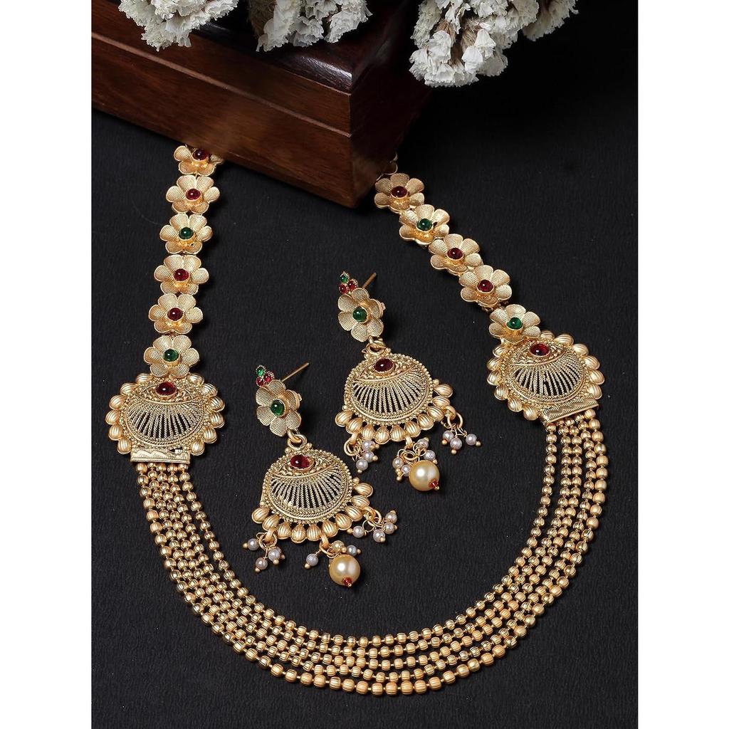 Gold Plated Necklace Kundan Studded Multistring Necklace Set For Women