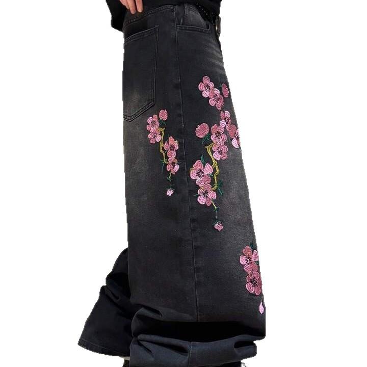 European and American jeans cherry blossom embroidered wide-leg pants washed retro high-waisted loose rough edge mopping jeans