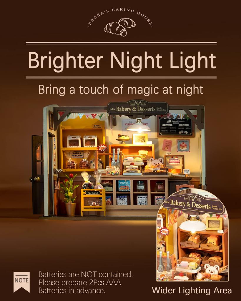 Robotime Miniature Dollhouse Kit Model House Miniature Kit with LED Light DIY Handmade Craft Romantic Mother's Day Birthday Gift Becks Baking House