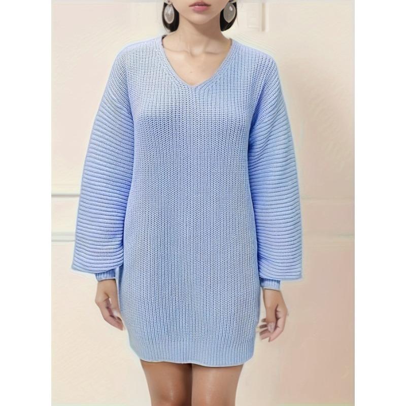 

DAFIFY Женская мода повседневная осень-зима однотонный принт длинный рукав V-образный вырез свитера XL небесно-голубой