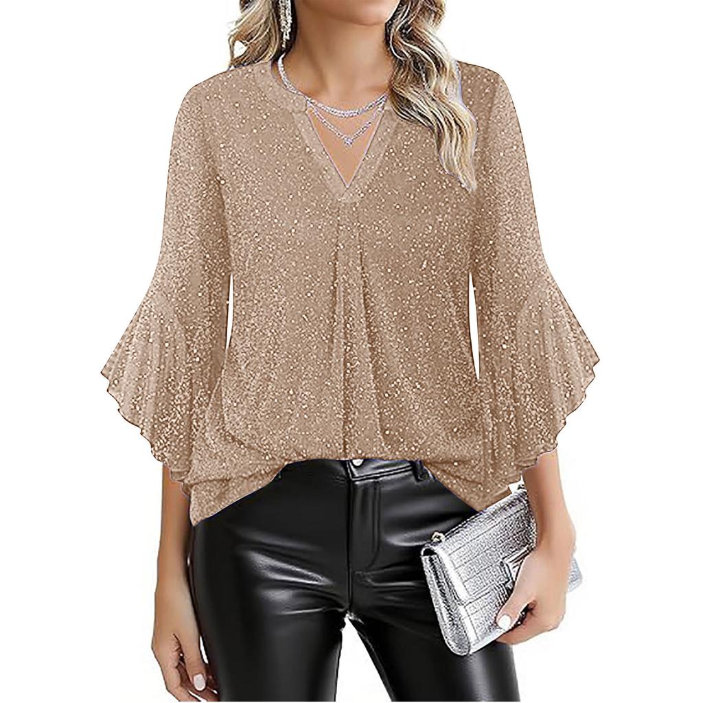 Women's Fashion Tulle V-Neck Petal-Sleeve Three-Quarter-Length Loose-Fit Top