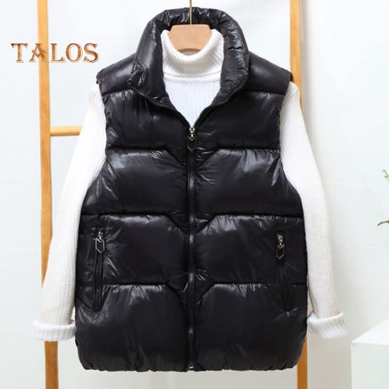 Women Winter Zip-up Vest Coat Thickened Padded Stand Collar Neck Protection Sleeveless Outerwear with Zipper Pockets Solid Color Keep Warm Waistcoat