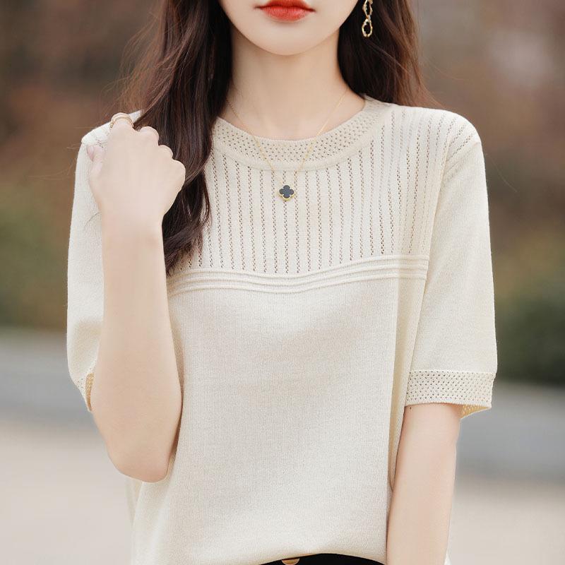 2024 Summer Ice Silk Hollow Knit Top for Middle-Aged Women: Short Sleeve, Solid Color, Half Sleeve Design