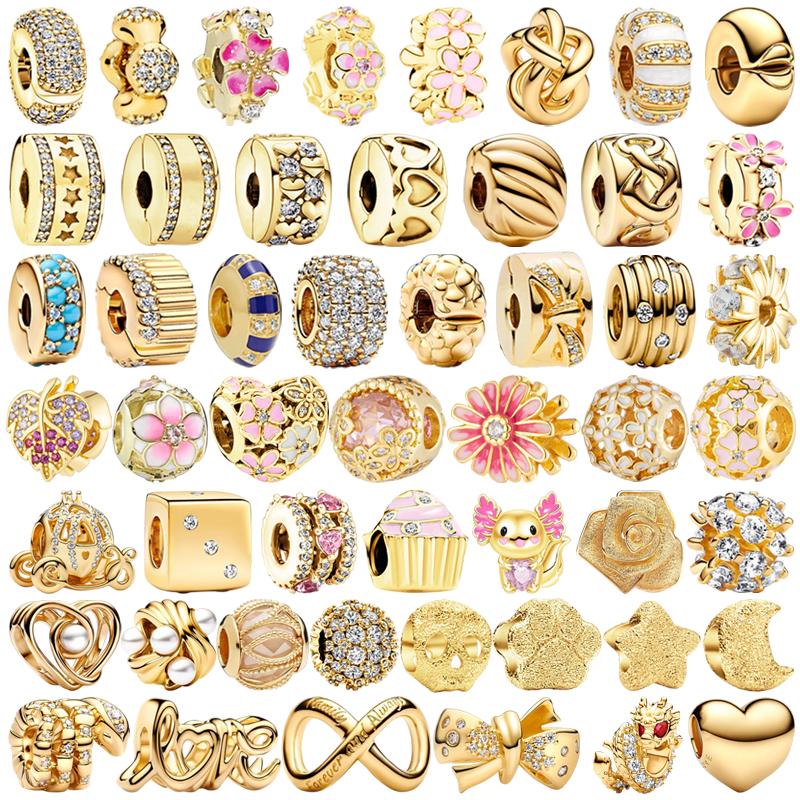 NEW Sparkling DIY Gold Serise Plating Flower Charm Clip Paw Heart Family Bead Fit European Silver Bracelet Jewelry Gift