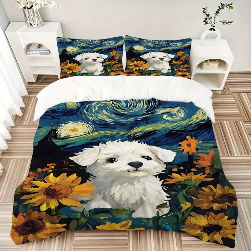 3pcs Puppy Sunflowers Duvet Cover Set, Soft Comfortable Duvet Cover,Guest Room (1*Duvet Cover + 2*Pillowcase, Without Core) yy251104164