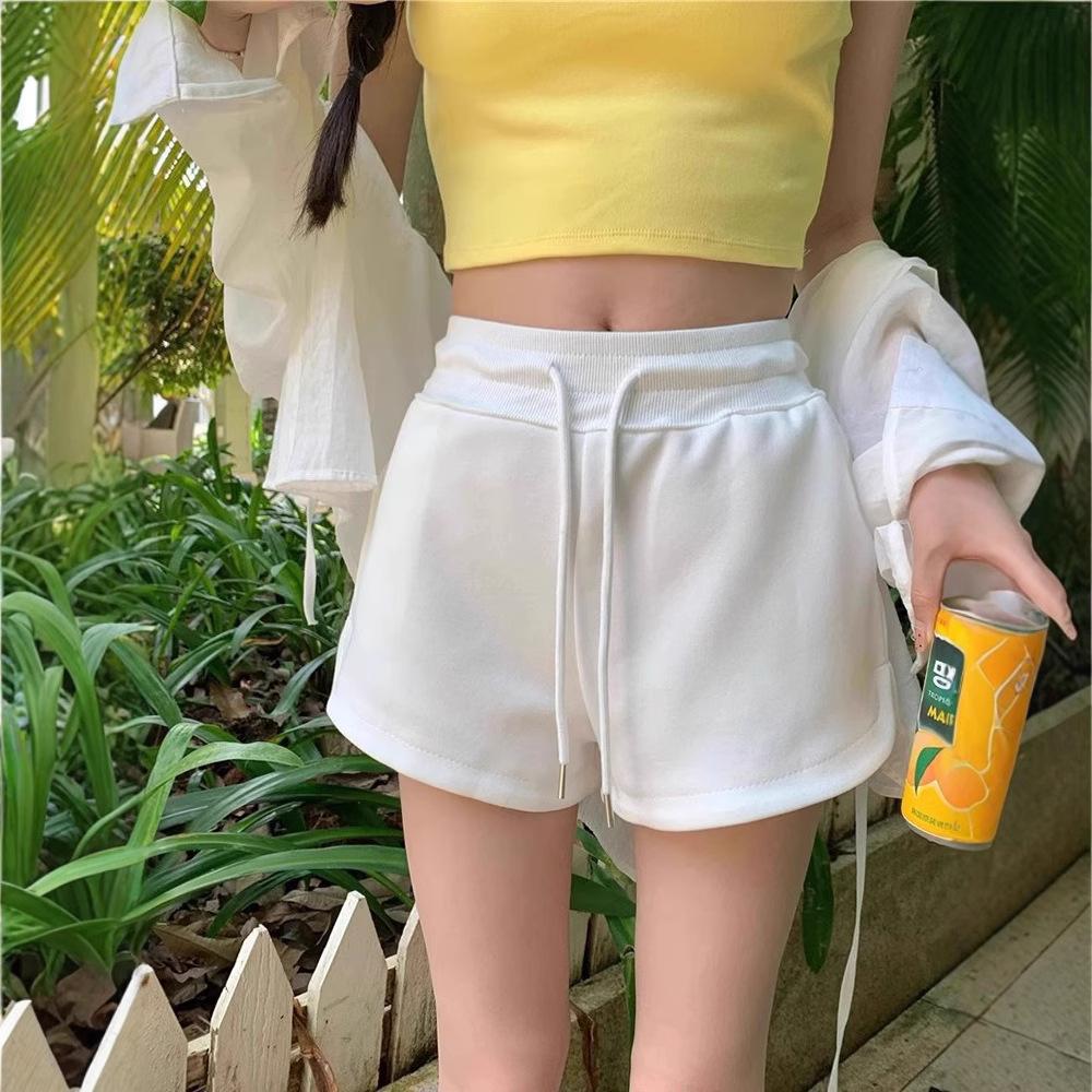 2026 Summer Women High Waist Drawstring Sweat Shorts Slit Design Pocketed A-line Loose Sports Casual Shorts For Petite Ladies