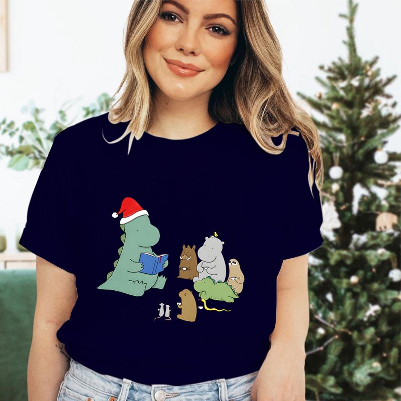 Christmas Cartoon Dinosaur Girls Clothing Crew Neck Funny Festive Premium Tshirt Cute Dinosaur Merry Christmas Gift Tshirts