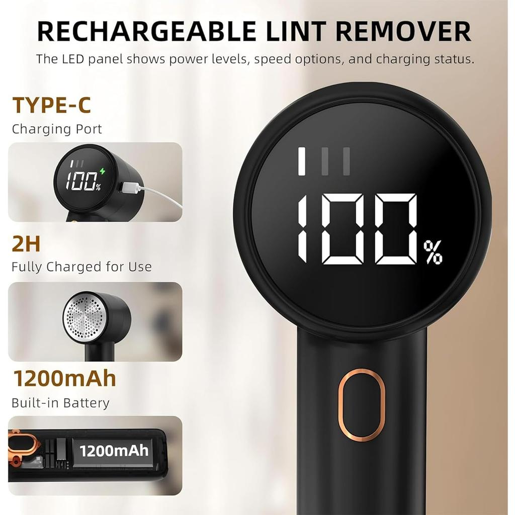 Aparelho de Raspar Tecido, Removedor de Fiapos Elétrico Recarregável Portátil, 3 Velocidades Ajustáveis Desfiador, Removedor de Bolinhas com Display LED para Roupas, Rasgador de Fiapos