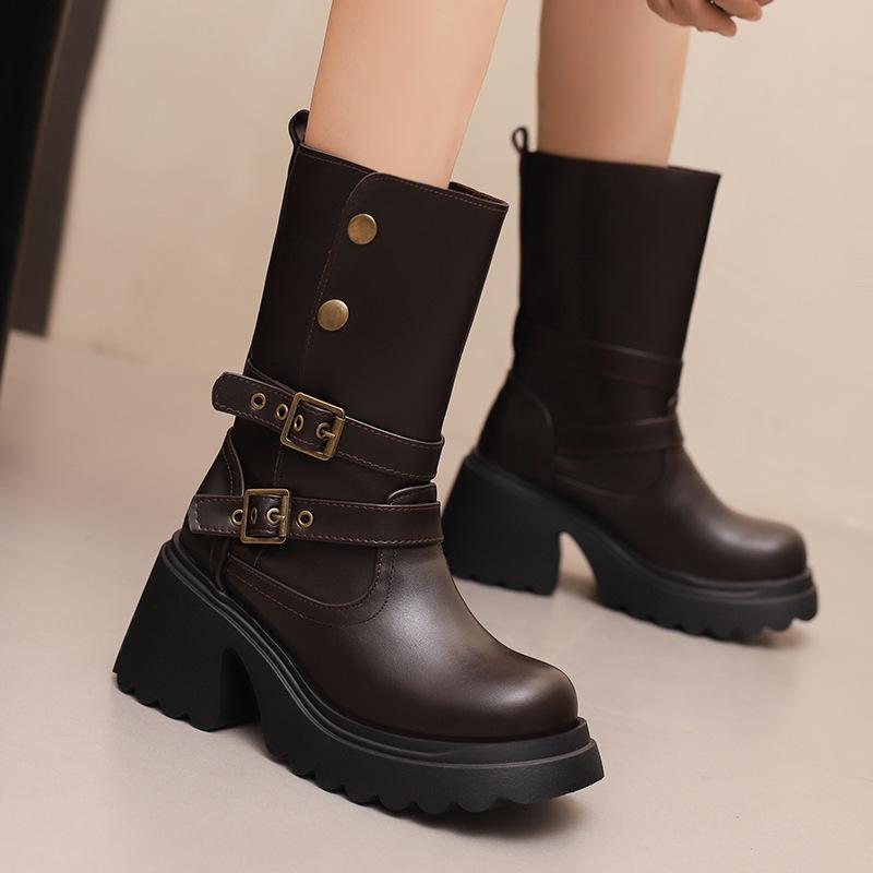 Metal Chain Belt Buckle Medium Tube Fashion Boots Thick-Soled Muffin Casual Boots Martin Boots 40-45