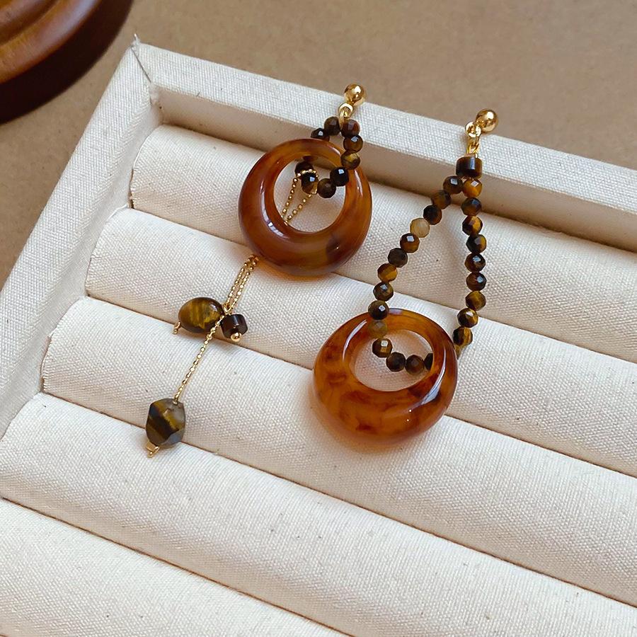 Silver Needle Maillard Irregular Oval Tiger's Eye Earrings Earrings Vintage Style Earrings Women