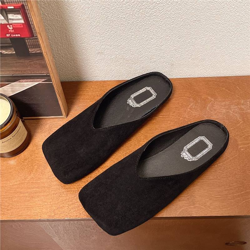 Retro Square Head Half Slippers Women's New Spring and Summer Suede Bag Head Soft Sole Flat Heel Slippers Flat Heel Shoes Large Size Shoes