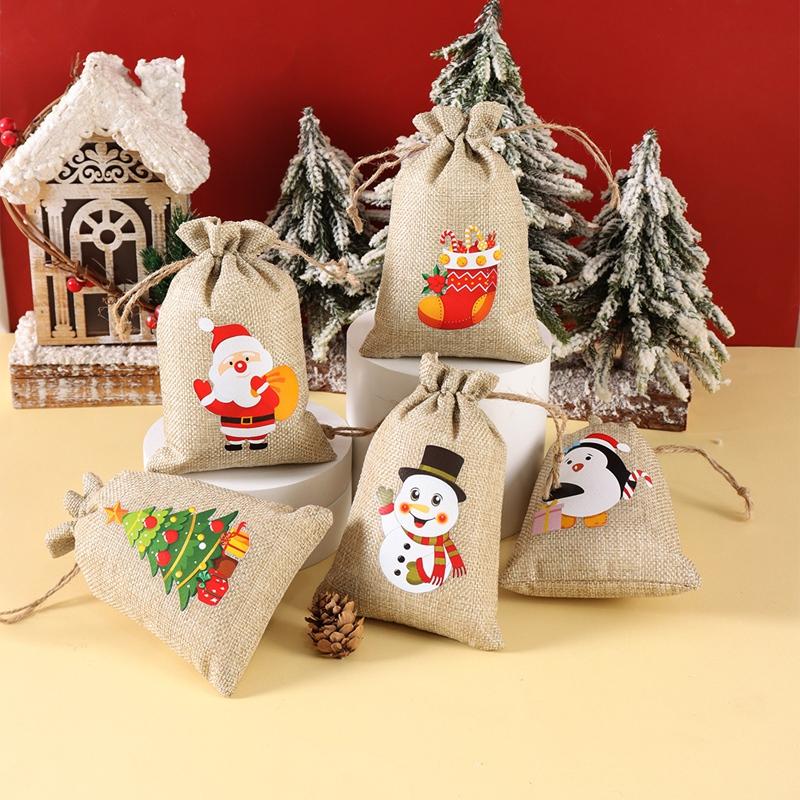 6pcs Linen Cotton Gifts Candy Bag Merry Christmas Decor For Home 2026 Xmas Navidad Natal Noel Gifts New Year 2026 Packing Bag