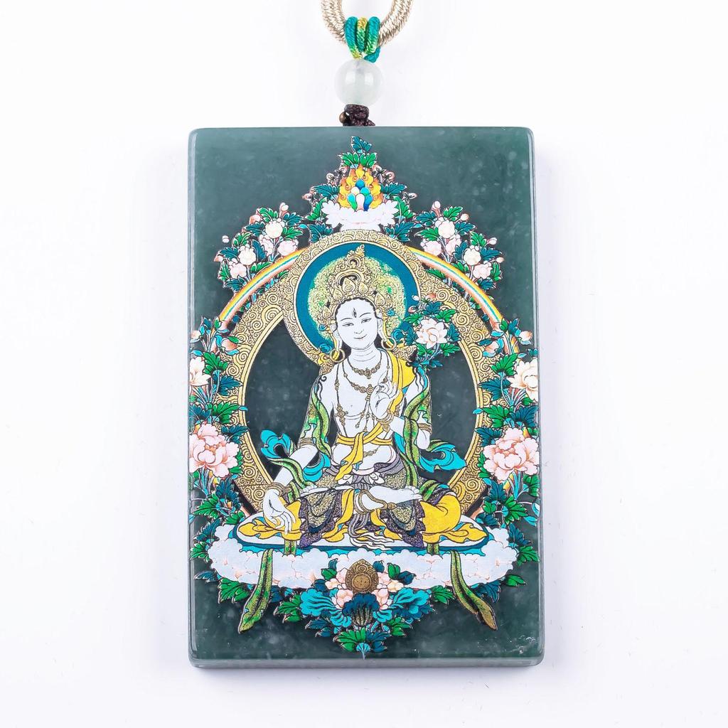 Exquisite High-Ice Grade A Natural Jade Pendant - White Tara Blue Water Design