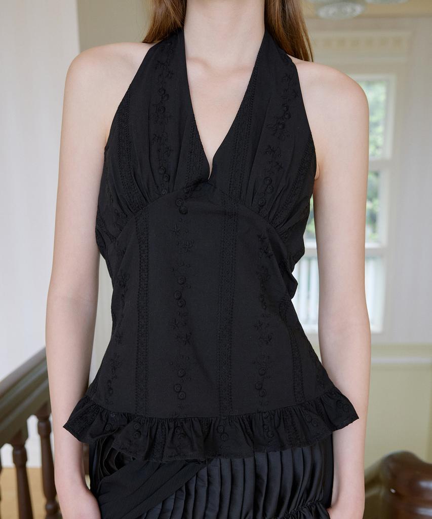 LETTER FROM MOON Punched Lace Halter Neck Sleeveless (Black)