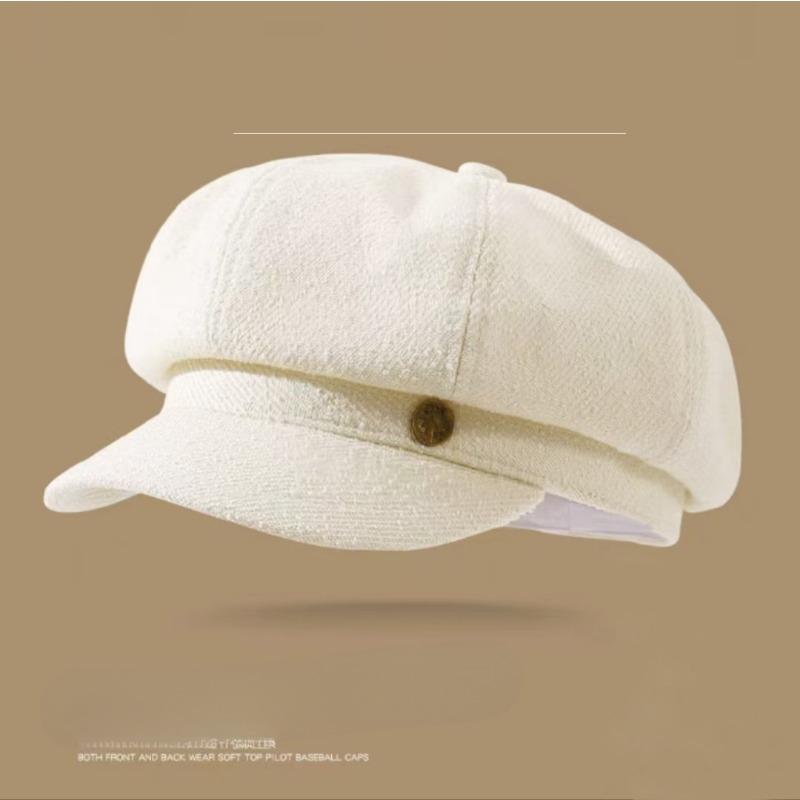 Korean Version of Autumn and Winter New Hat for Women with High End Metallic Octagonal Hat Black Retro Duck Tongue Beret Trendy