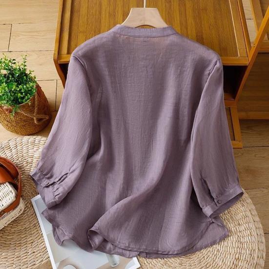 Women Shirt Round Neck 46085 Sleeve Buttons Placket Shirt Tops Pure Color Floral Embroidery