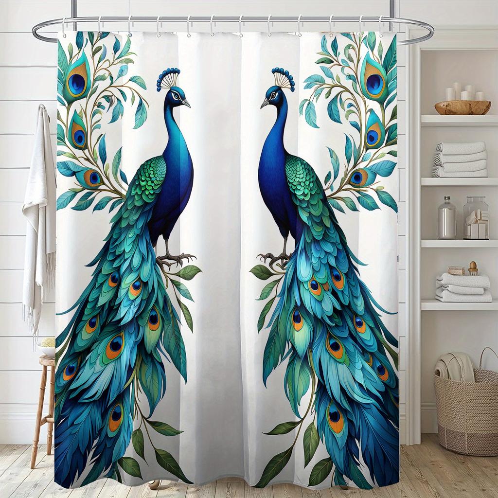 1pc Elegant Peacock Print Shower Curtain, 71x71 Inches, Polyester Fabric with Hooks, Vibrant Blue and Green Peacock Design,