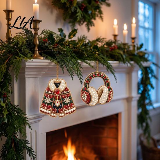 Elegant Holiday Party Supplies 6 Pcs Diamond Art Christmas Ornaments, 2D Flat Pearl Painting Timeless Seasonal Decorations Pattern Hanging Decoration