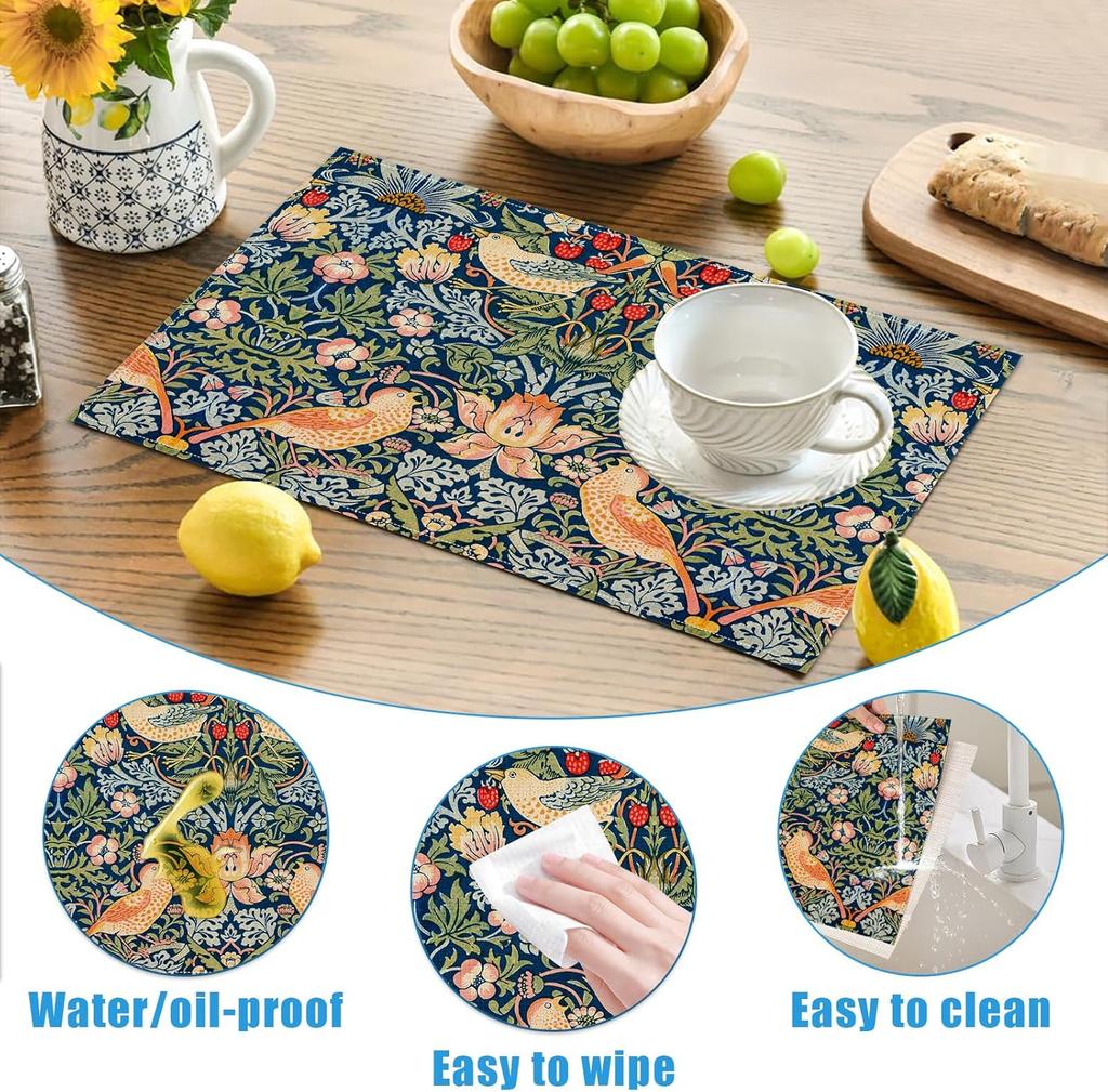 Strawberry Thief William Morris Placemats Set of 6, Floral Bird Washable Linen Place Mat Heat Resistant Non Slip Kitchen Dining Table Mats 12x18 Inch