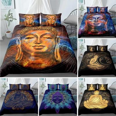 Set de husă de pilota Mandala Buddha, Set de lenjerie de pat boemă, auriu, negru, flori de lotus, cu imprimeu de lux, din microfibră, poliester.