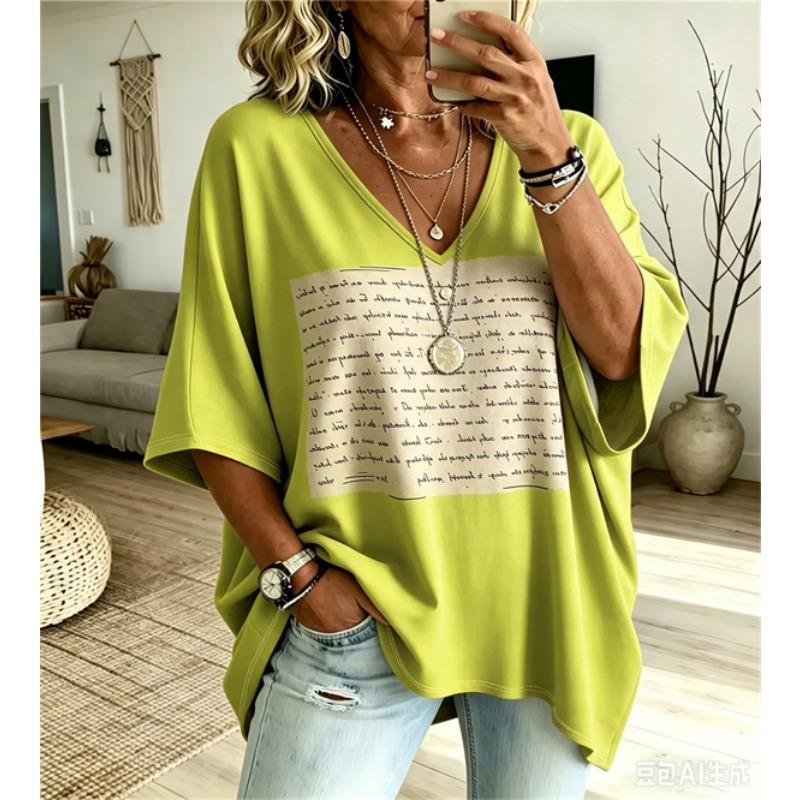 Plus-Size Women's V-Neck Batwing Sleeve T-Shirt Bohemian Ethnic Print Loose Top Summer Comfortable Breathable Daily Commute Casual Slimming Style