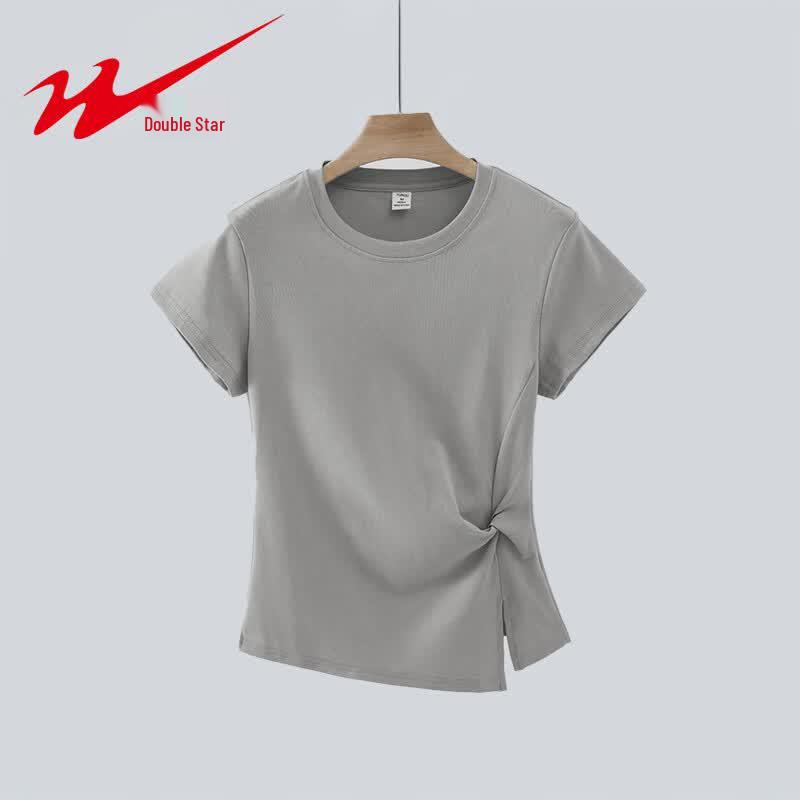 Shuangxing Women's Summer Round Neck Slim Fit Irregular Pleated T-Shirt