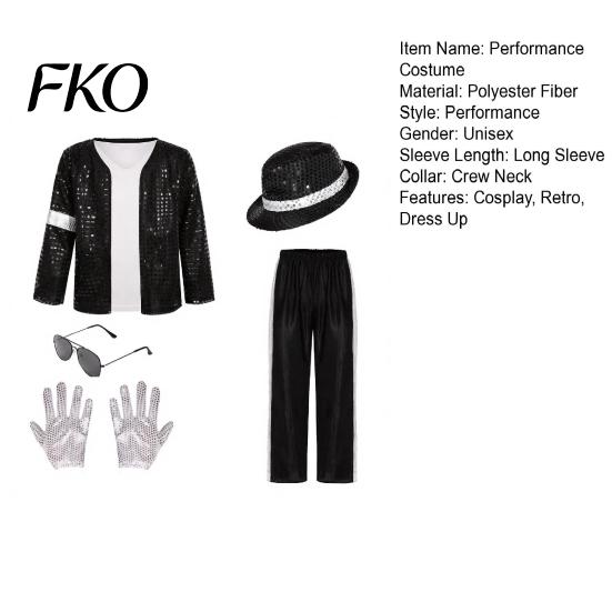 Kids Party Costume Set 80s 90s Performance Costume, Black Sequin Jacket, Top, Trousers, Hat, Metallic Striped Trousers Child Glasses, Gloves, 7 Piece