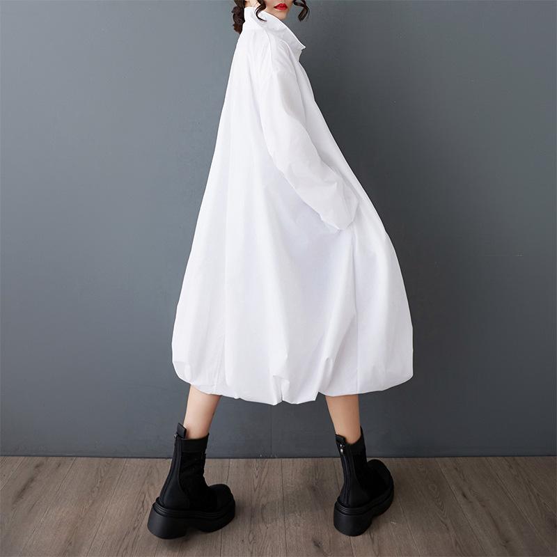 Women Oversized Shirt Dress Solid Color Zipper Long Sleeve Midi Dress Loose Lantern Hem Casual Dress