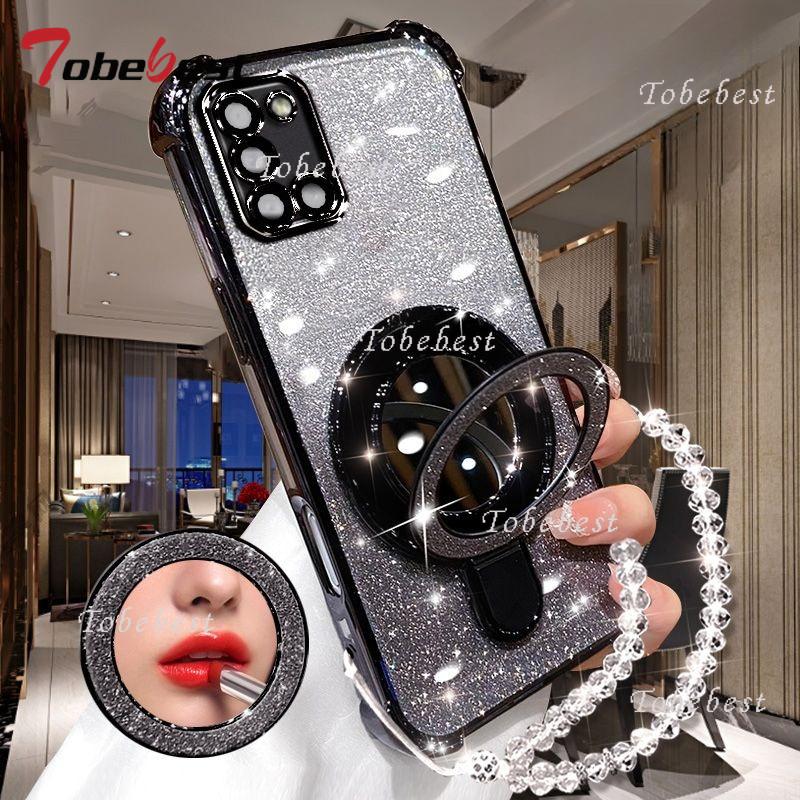 For Samsung Galaxy A51 A71 A31 A21S A11 A02S A03S A04E Case Glitter Plating Makeup Mirror Magnetic Phone Holder Bracelet Cover