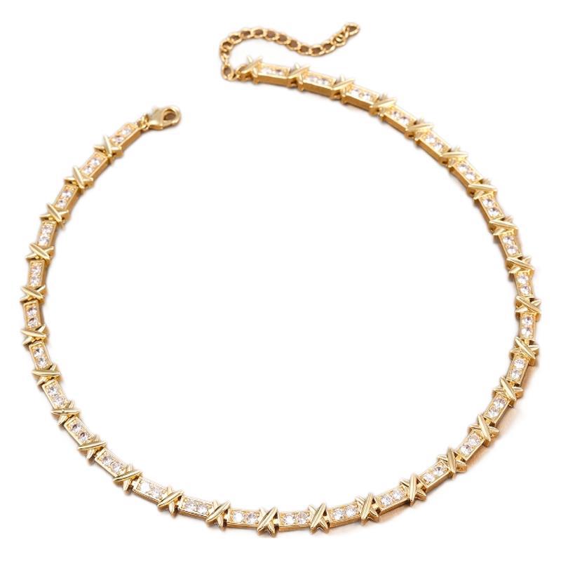 Two-Tone Gold & Silver T-Style Necklace Set with Cubic Zirconia and Design Accent X Clavicle Chain