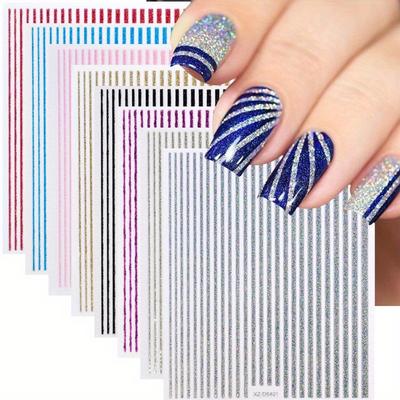 8 Sheets 8 Colors Lines Nail Stickers Silvery Golden Stripe Letters Decals Curve Gel Nails Art Sliders Manicure Decor