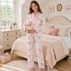 Girls milk silk lapel cardigan pajamas pink bow contrasting color printing long-sleeved loungewear