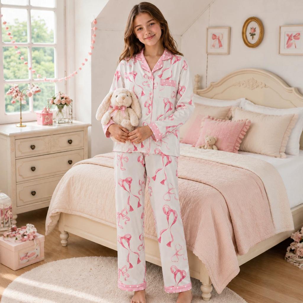 Girls milk silk lapel cardigan pajamas pink bow contrasting color printing long-sleeved loungewear