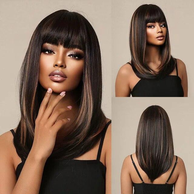 Blonde Silky Straight Synthetic Wigs with Bangs Medium Long Natural Platinum Wig for Women Cosplay Heat Resistant