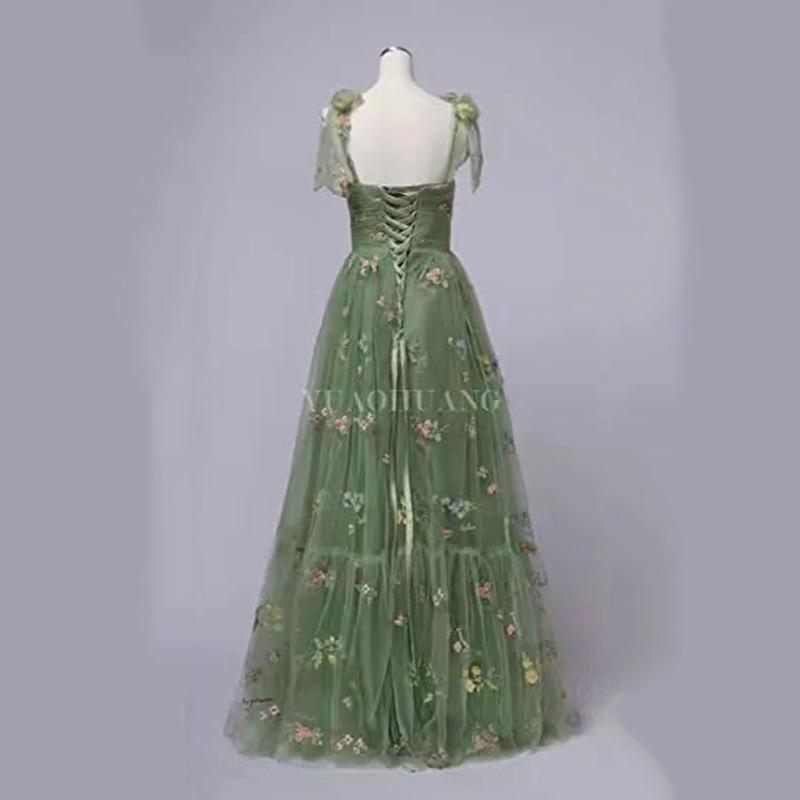 Women's Floral Strappy Evening Gown with Small Train - Perfect for Beach Vacations