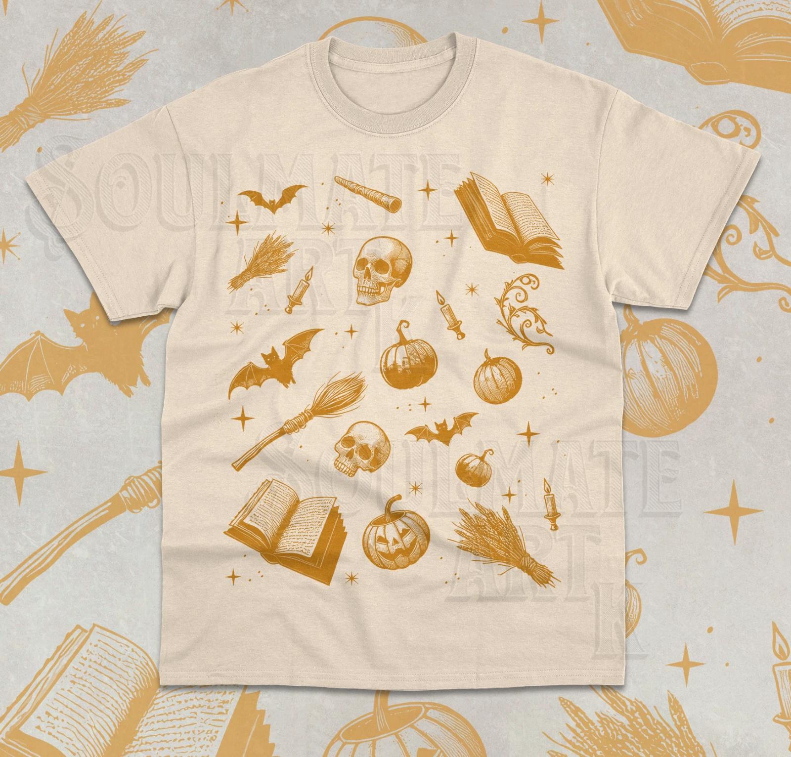 Funny Cute Halloween T- Shirt Retro Broomstick Skull Pumpkin Bat Unisex Shirt M