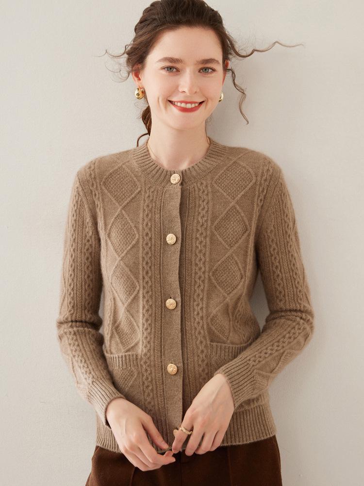Women's Cable Knit Wool Cardigan - Long Sleeve, Single Breasted, Thick Cashmere Knitwear for Autumn and Winter