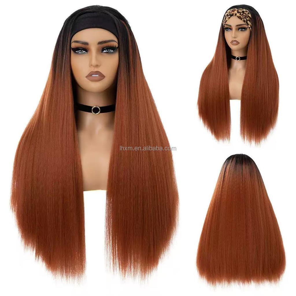 Factory High Temperature Fiber Transparent Synthetic Yaki 26-inch Headband Wigs Straight Black Women's