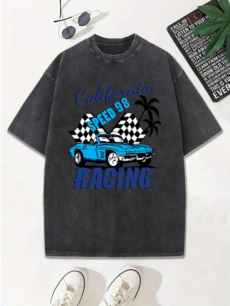 California Speed Racing Prints Washed TShirt Women Cotton Oversized Tops Casual ONeck Distressed T Shirt Summer Clothes