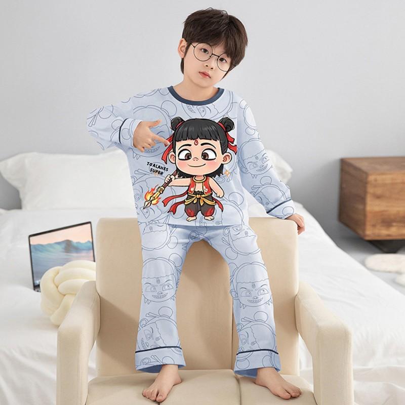 100% Combed Cotton Boys Pajama Set Long Sleeve Cartoon Print Sleepwear Teens 8 Years Lightweight Home Wear