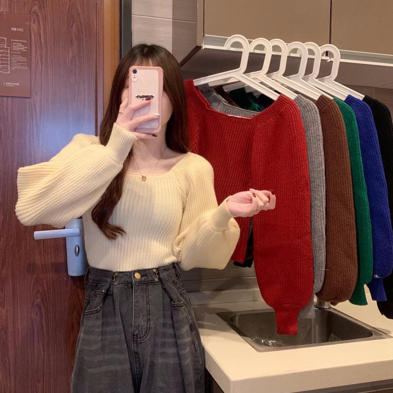 High-End Puff Sleeve Square Neck Sweater - Autumn/Winter Slim Fit Versatile Top