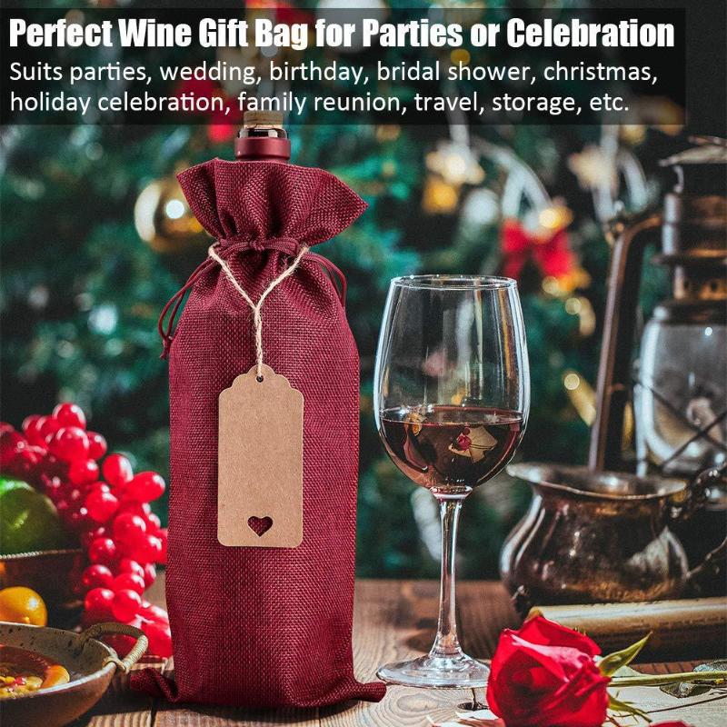 12 Sets Christmas Red Wine Bottle Covers Party Gift Bag Drawstring Bag Champagne Bottle Wrapping Bags with Linen Rope Tags