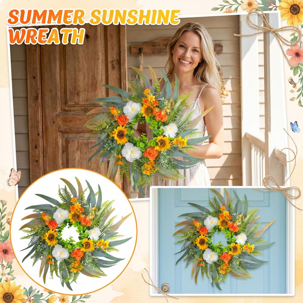 55cm Summer Door Wreath With  Colorful Flower Wreath, Sunflower, And Roses