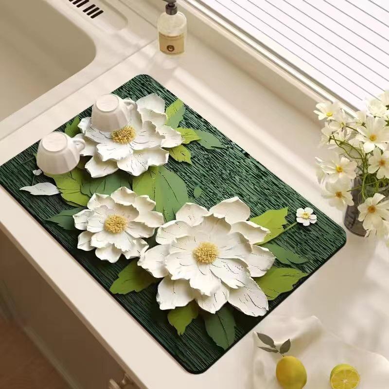 Oil Painting Style Floral Water-Absorbent, Stain-Resistant Kitchen Mat – Heat Insulation, Wear-Resistant, Easy-Clean Draining Mat