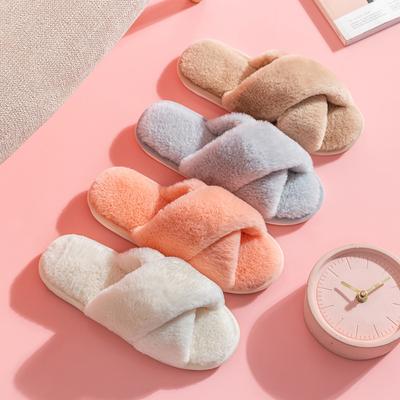 Women Winter House Furry Slippers 2024 NEW Design Women Cross Fluffy Fur Home Slides Flat Indoor Floor Shoes Ladies Flip Flops
