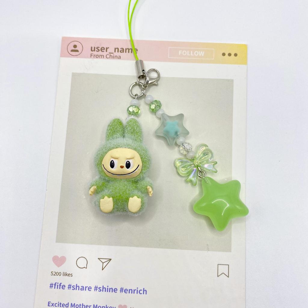 Flocked Labu Labubu Mini Keychain: Cute Grain Stroller Bag & Phone Pendant Ornament