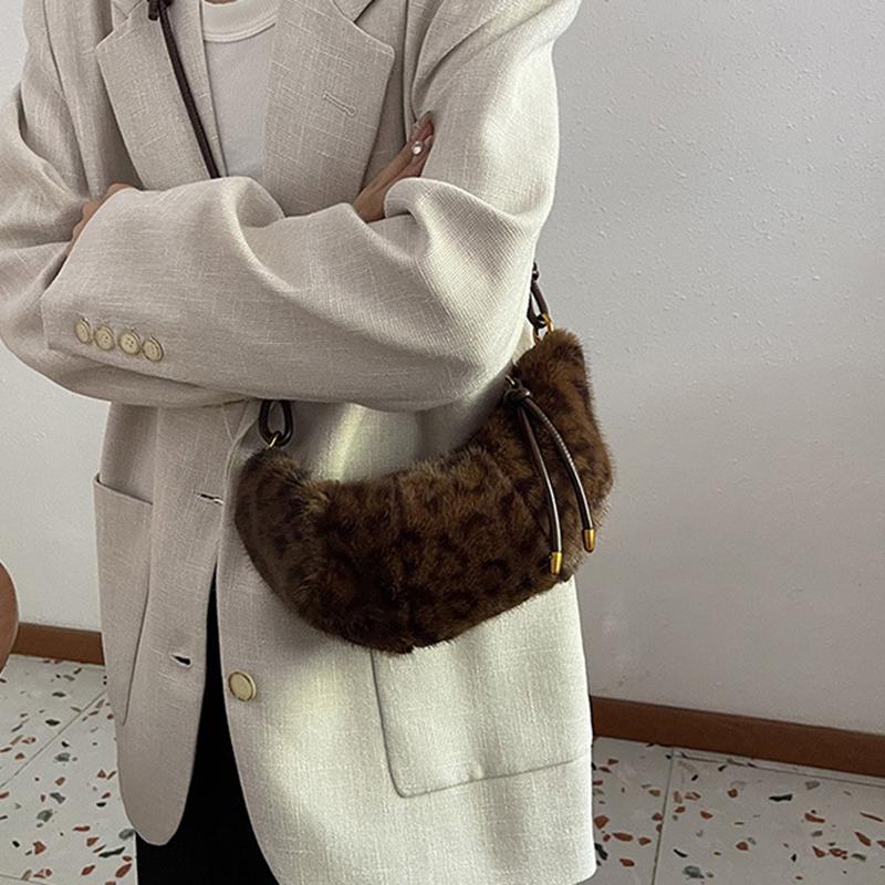 Leopard Print Faux Fur Shoulder Bag Vintage Women Plush Warm  Adjustable Strap Crossbody Bag CLE