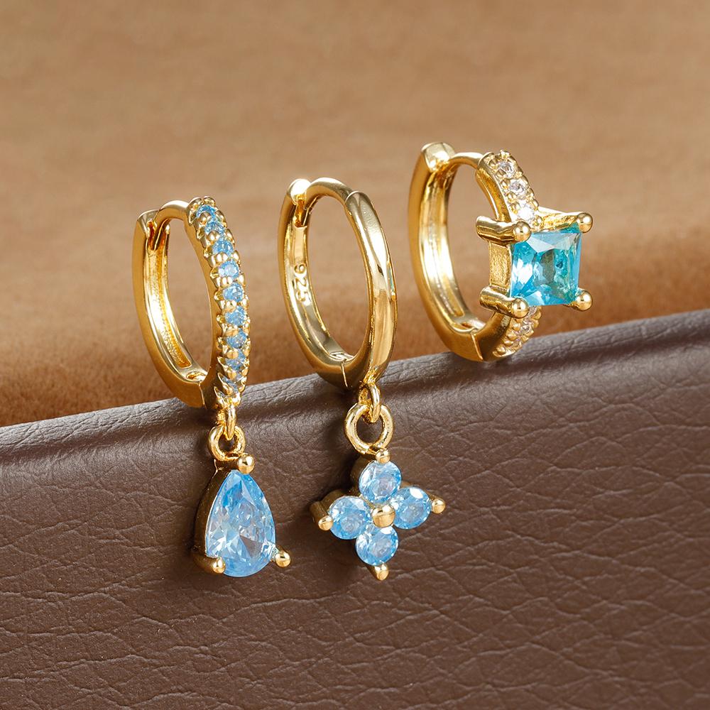 3PCS Fashion Water Drop Huggie Hoop Earrings Set for Women Three-petal Flower Stud Earrings Prevent Allergy Piercing Jewelry