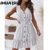 IHUASU Ruffle Hem Dress Breathable Women Casual V Neck Holiday Loose Dress