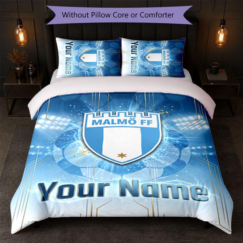 Malmö FF Custom Name Text Bedding Set 1 Duvet Cover+2 Pillowcases Soccer Logo Personalized Gift For Special Occasion Bedroom Decor